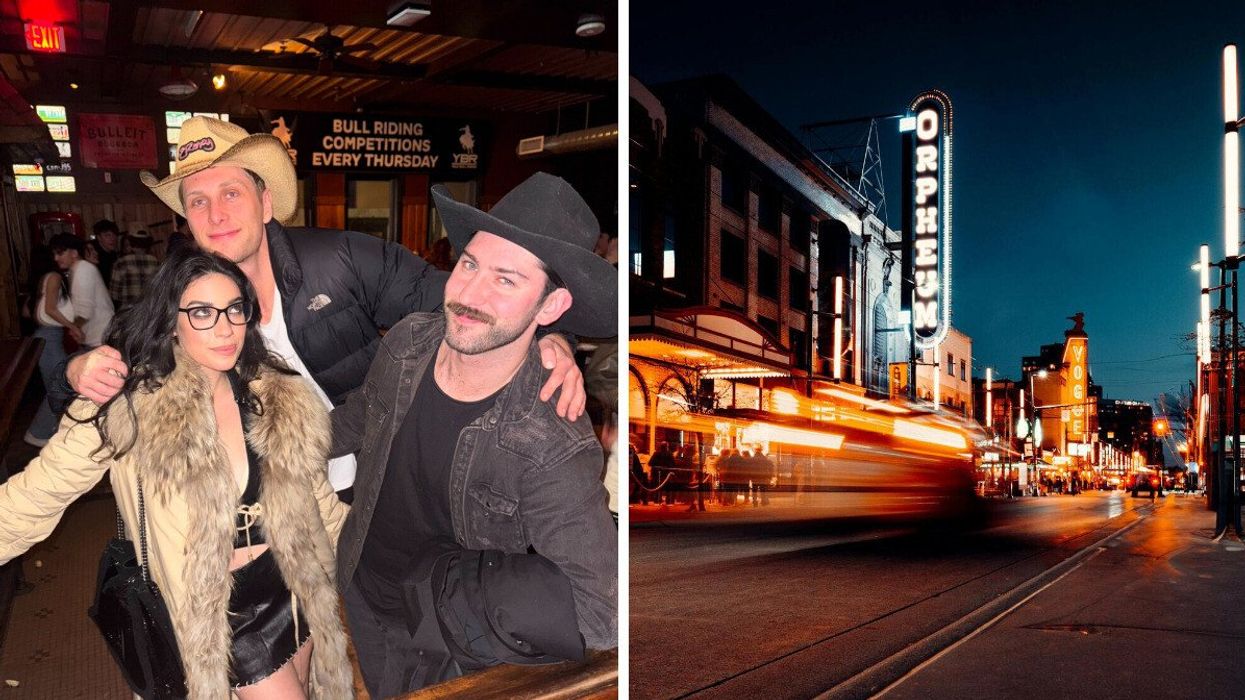 A group of three friends at a bar. Right: A city at night.