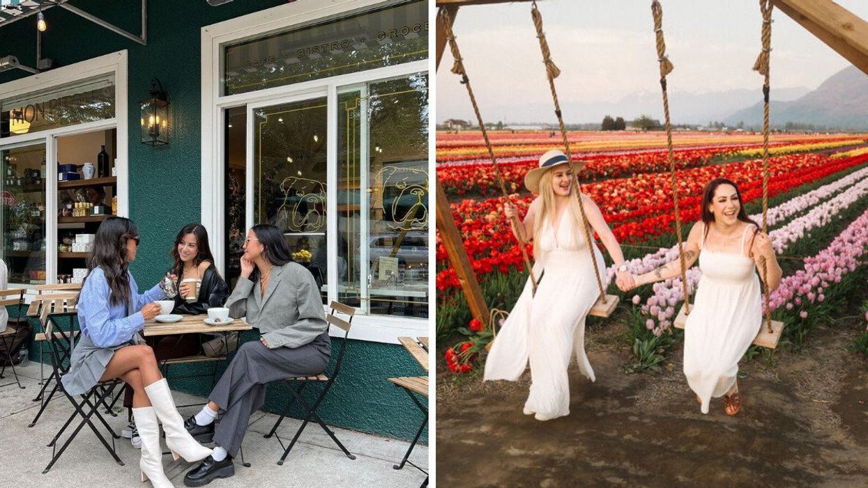 A group of three women sitting at a table outside a cafe talking and drinking coffee. Right: Two women in white dresses on swings with friends of red and pink tulips behind them.