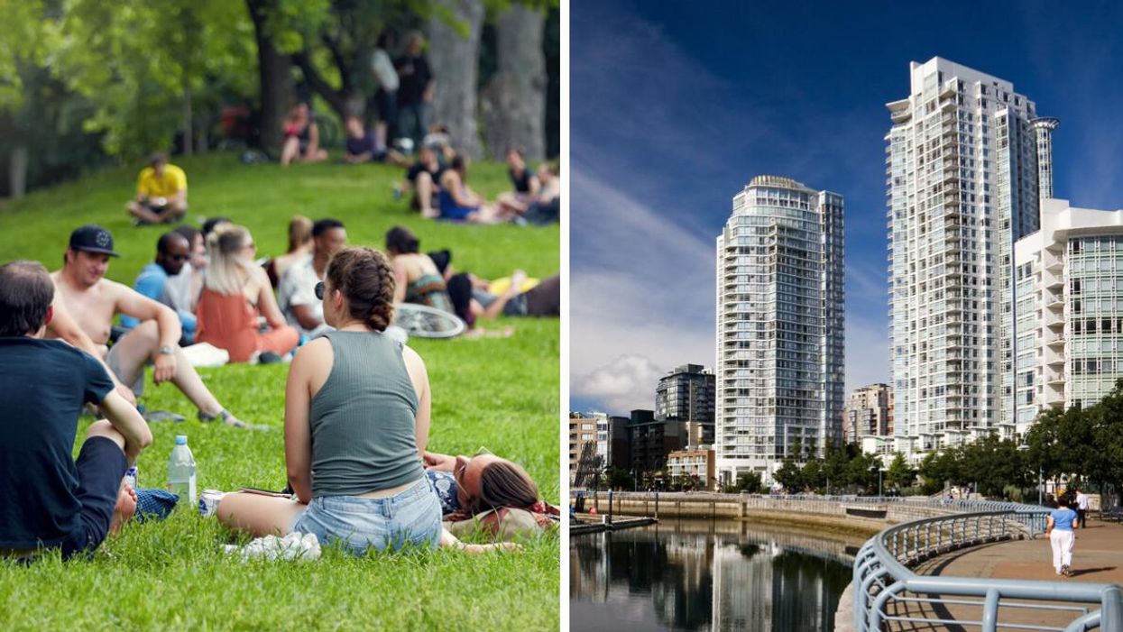 A group of young people relaxing in a park. Right: High-rises in Downtown Vancouver.