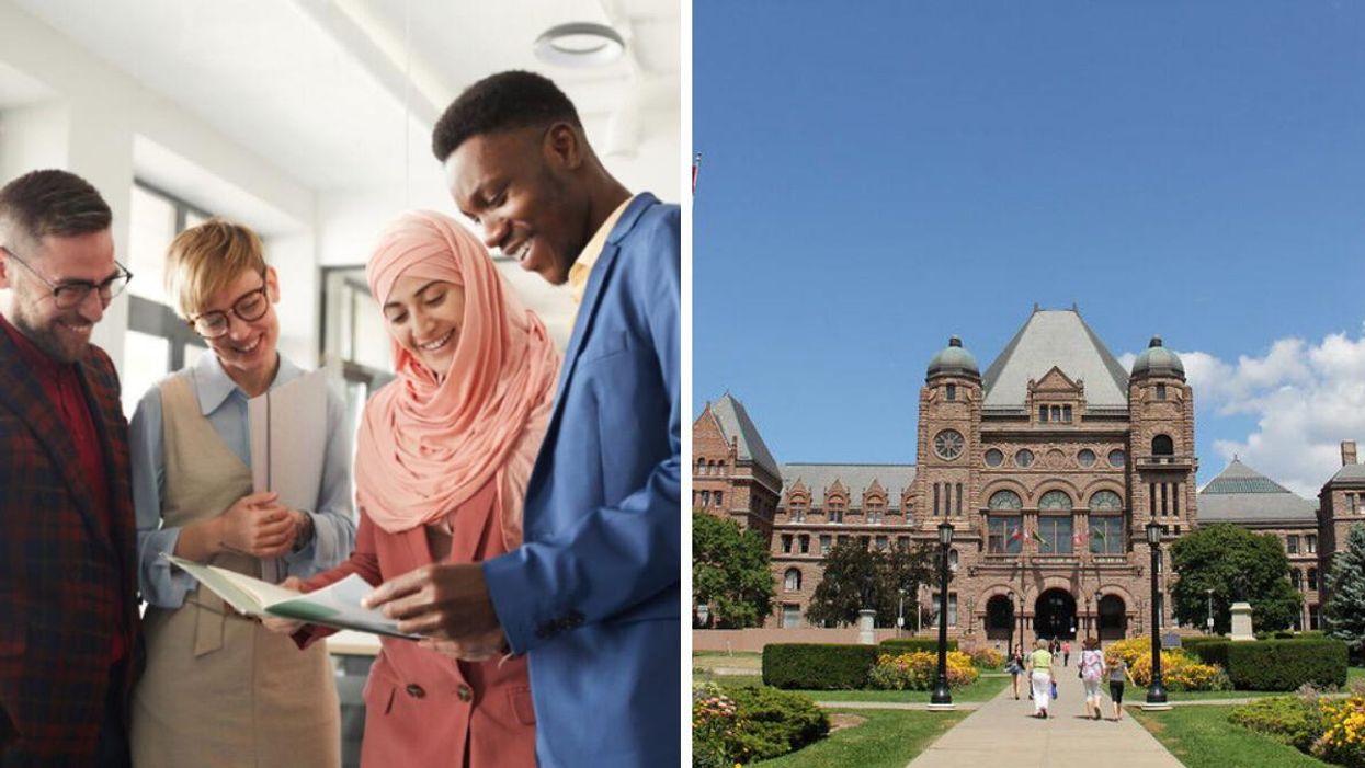 A group Ontario workers smiling. Right: Queen's Park.