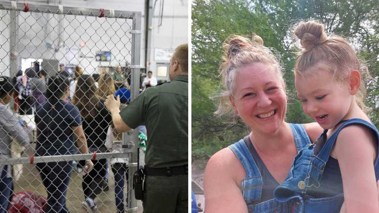 A guard opens a chain-link-fenced door for a line of detainees. Right: A woman holding a young child.