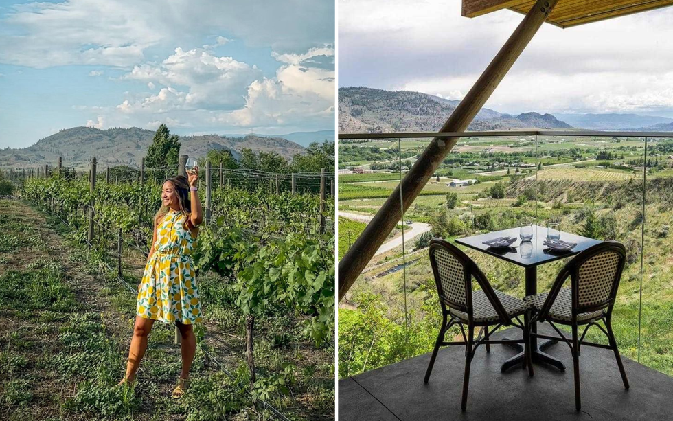 A guest holds up their wine glass in a vineyard. Right: The view of Tinhorn Creek Vineyards from Miradoro Restaurant.