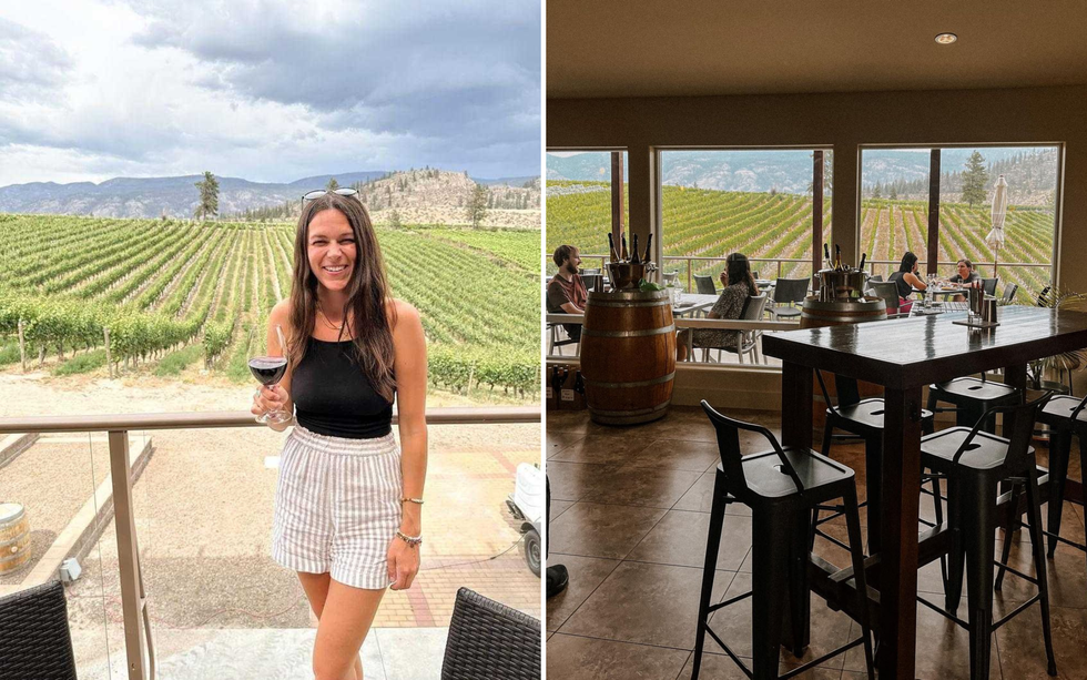 A guest smiles with a glass of wine in front of a vineyard. Right: A Wild Goose Winery vineyard seen from inside The Bistro.