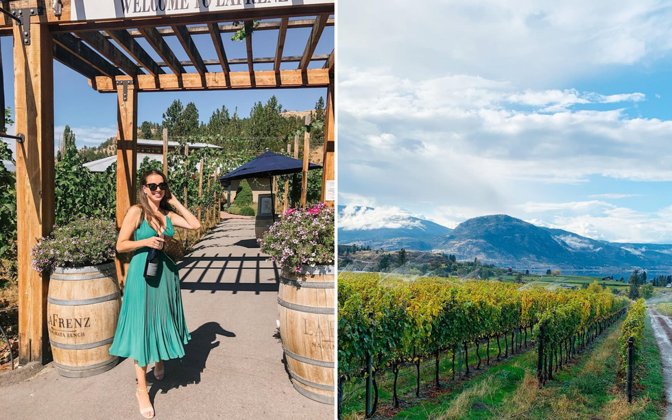 A guest stands under a sign that reads 'Welcome to La Frenz.' Right: One of La Frenz's four vineyards.