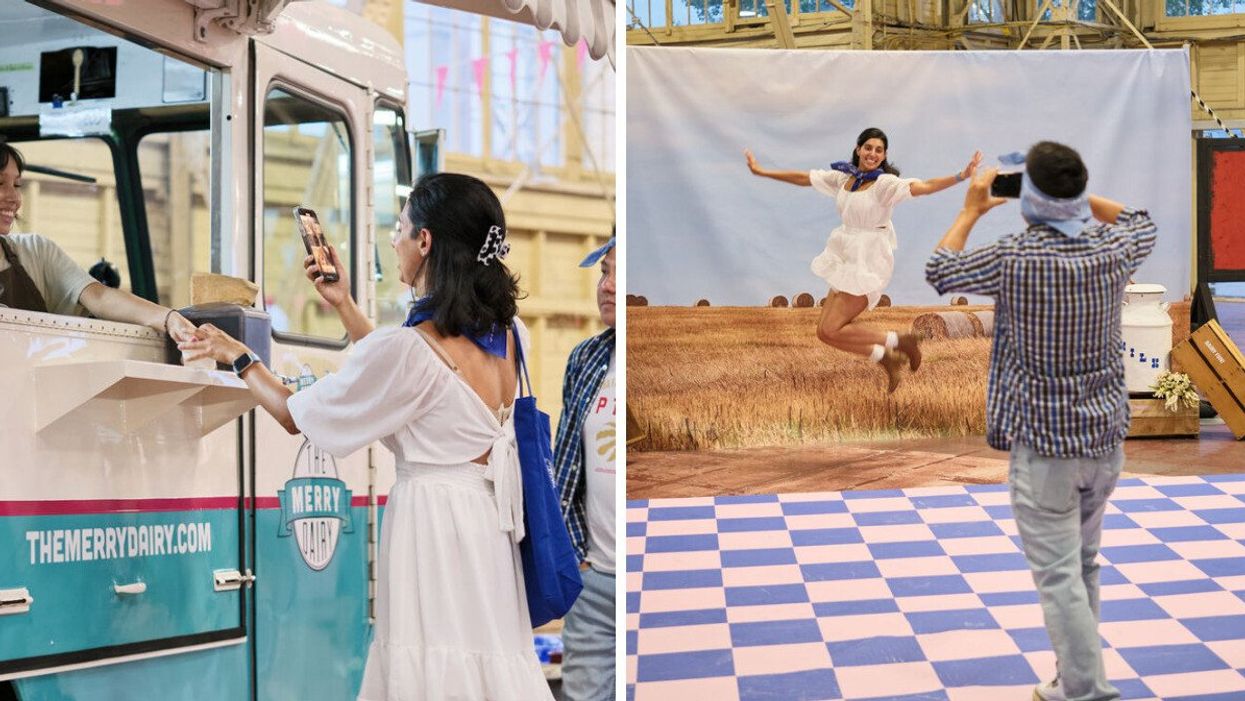 A guest takes a photo of the ice cream she's gotten from a food truck. Right: Cownty Fair visitors enjoying the fun photo booths at the event.