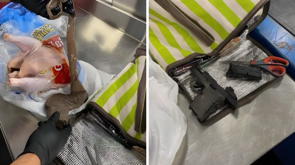 A gun being unwrapped. Right: The gun and the magazine.