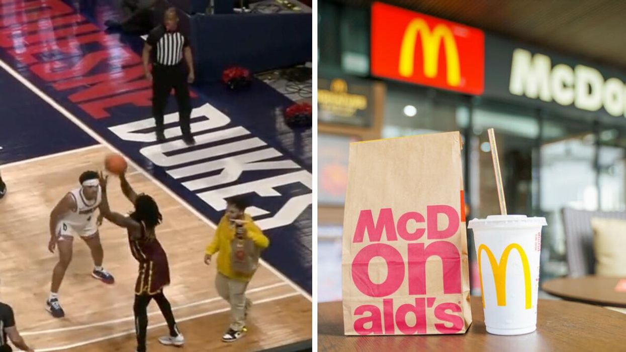 A guy carrying a McDonald's bag at a basketball game. Right: A McDonald's takeout bag and fountain drink.