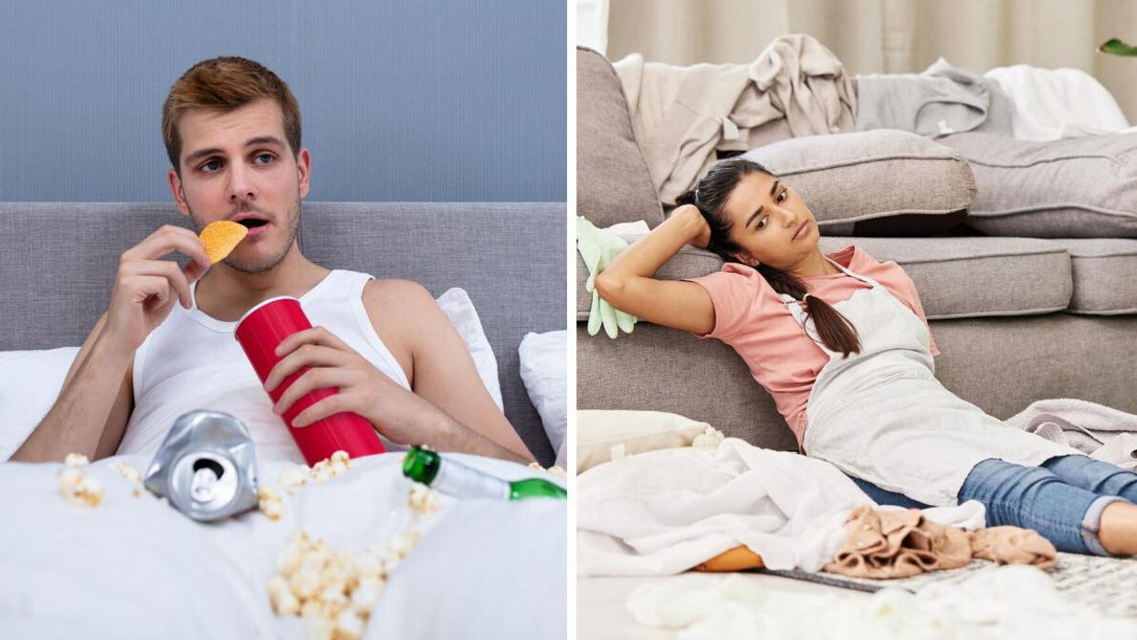 A guy eating chips. Right: A woman hanging out in a messy living room.