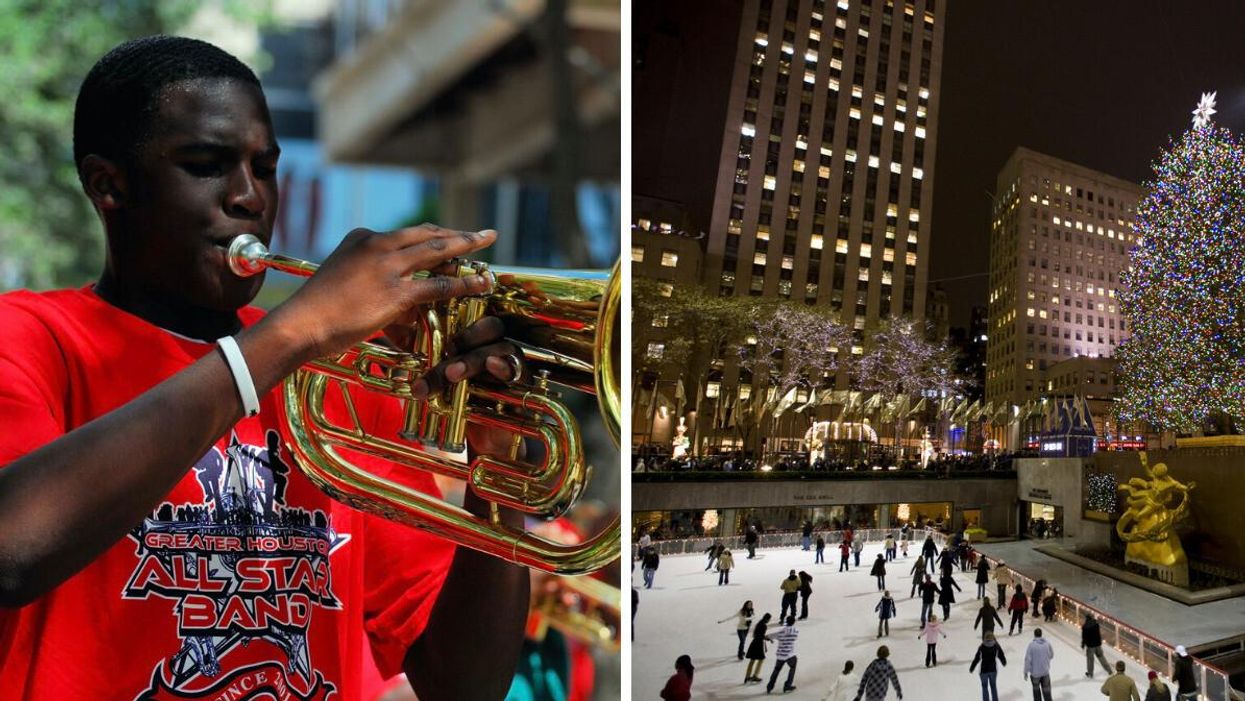 A guy playing the trumpet for Juneteenth. Right: Americans ice skating for Christmas in New York City.