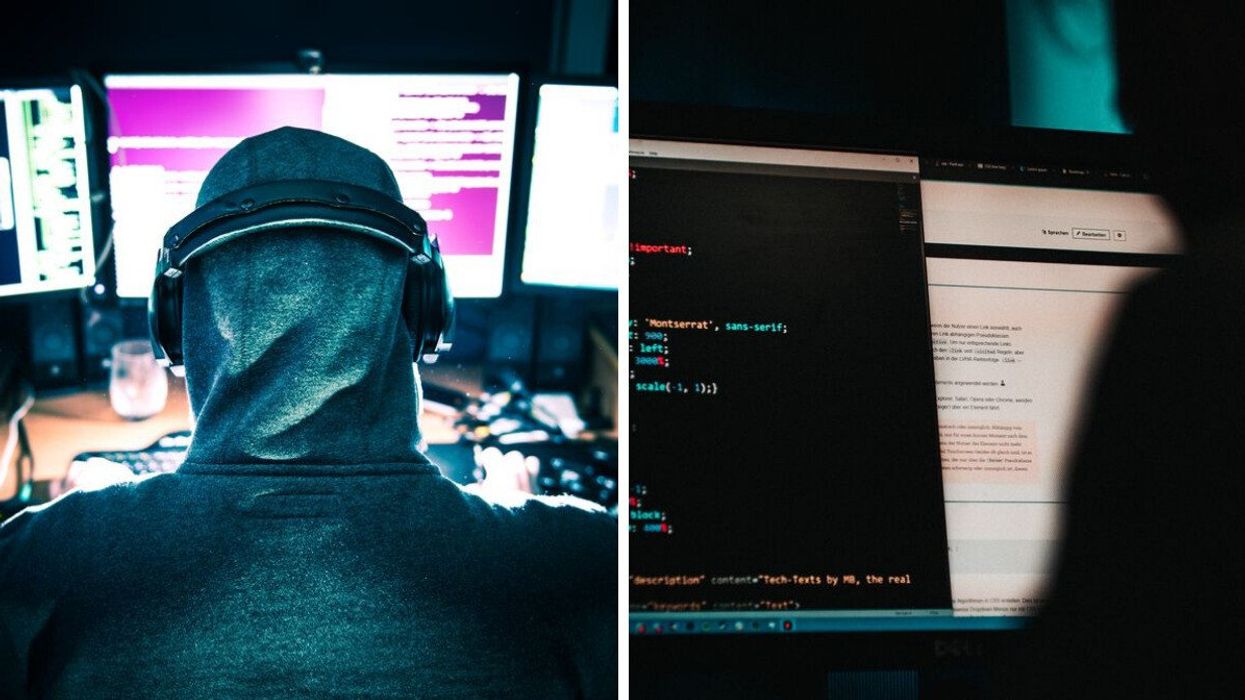 A hacker uses a computer. Right: A person uses a computer for programming.