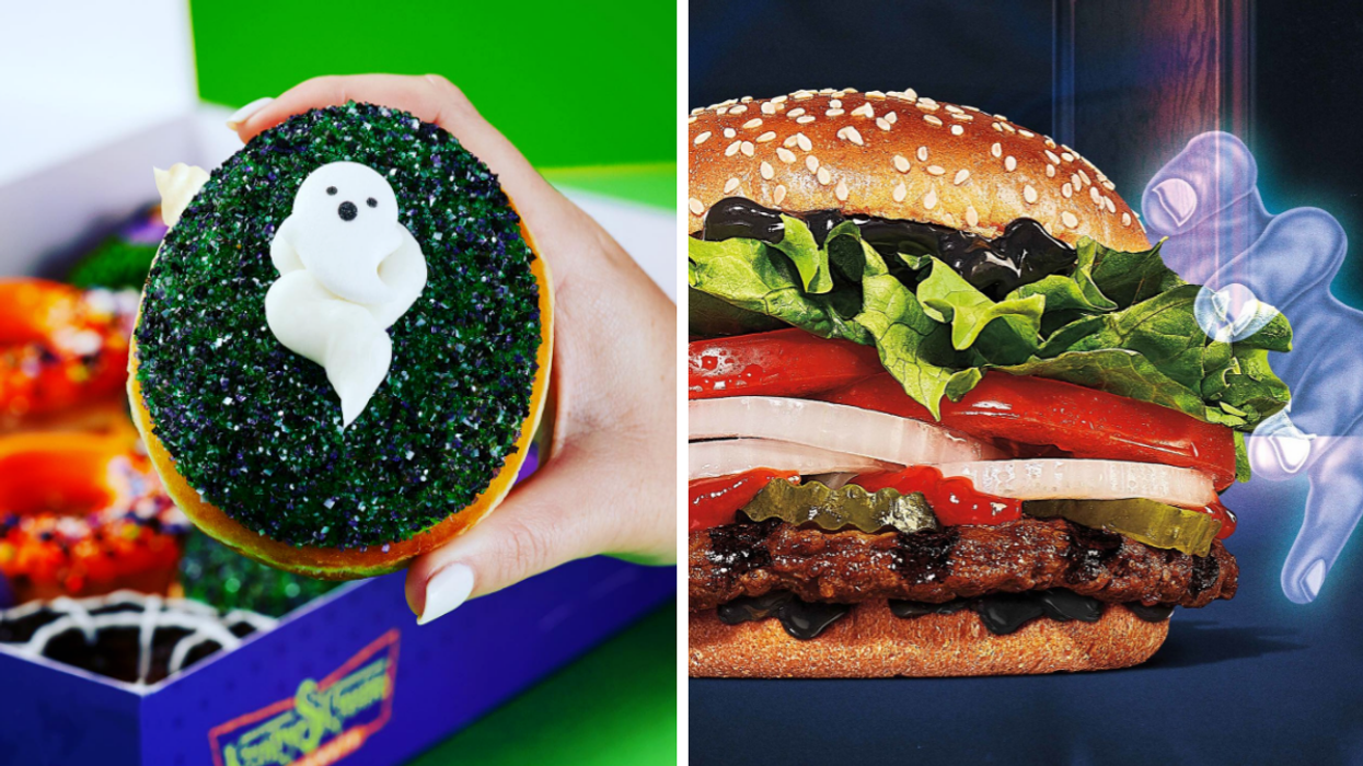 A Halloween-themed donut from Krispy Kreme Canada. Right: A limited-edition Burger King burger.