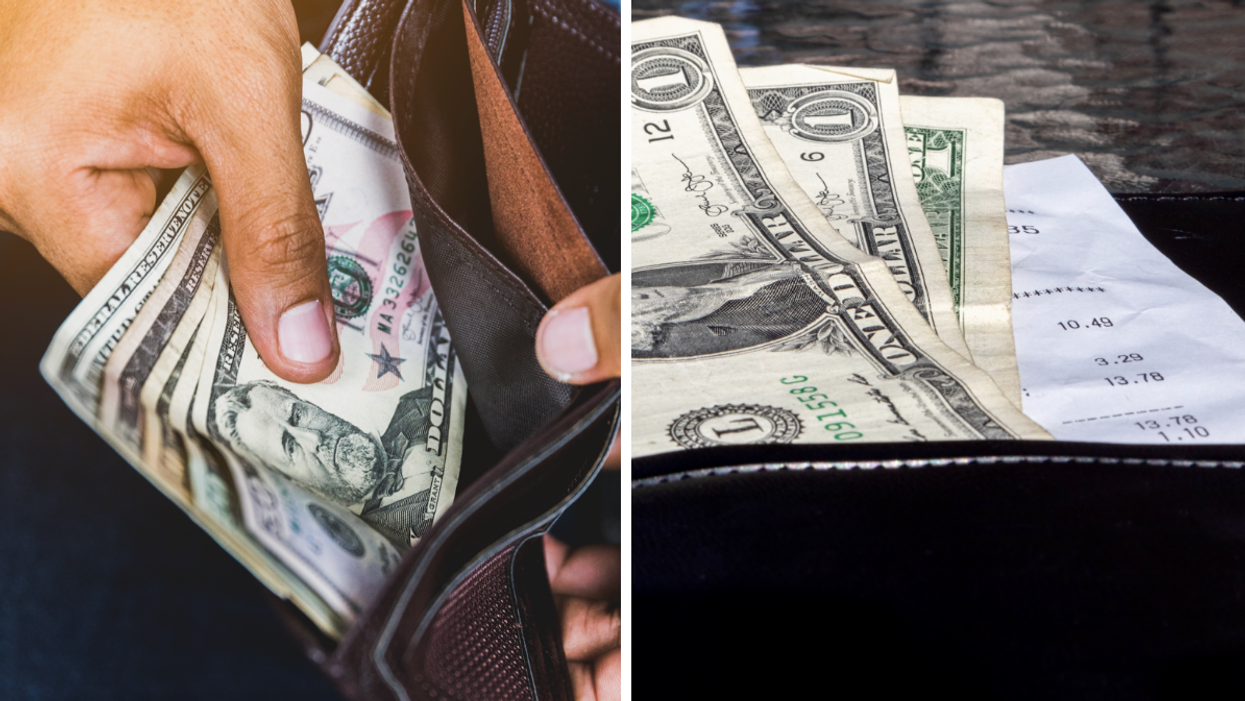 A hand counting money in a wallet. Right: A cash tip.
