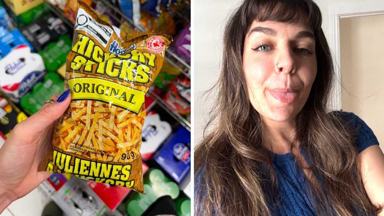 A hand holding a bag of Hickory Sticks. Right: A person with long hair sticking their tongue out.