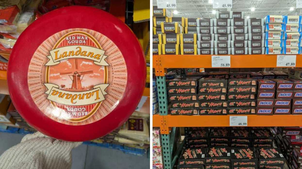 A hand holding a big wheel of cheese in red wax. Right: Shelves filled with large packages of chocolate bars.