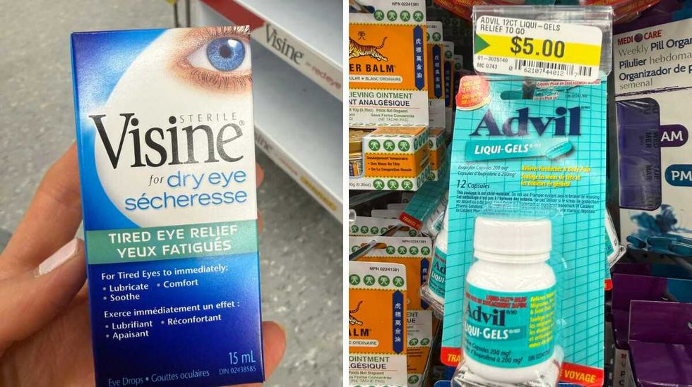 A hand holding a blue and white boy with an eye on the cover and a label that says Visine for dry eyes. Right: A blue and white bottle hanging on a store shelf that says Advil.