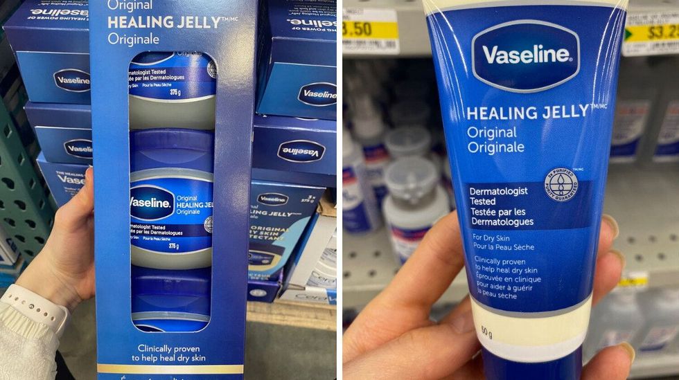 A hand holding a blue box filled with tubs of Vaseline healing jelly inside. Right: A hand holding a blue tube of Vaseline Healing Jelly.