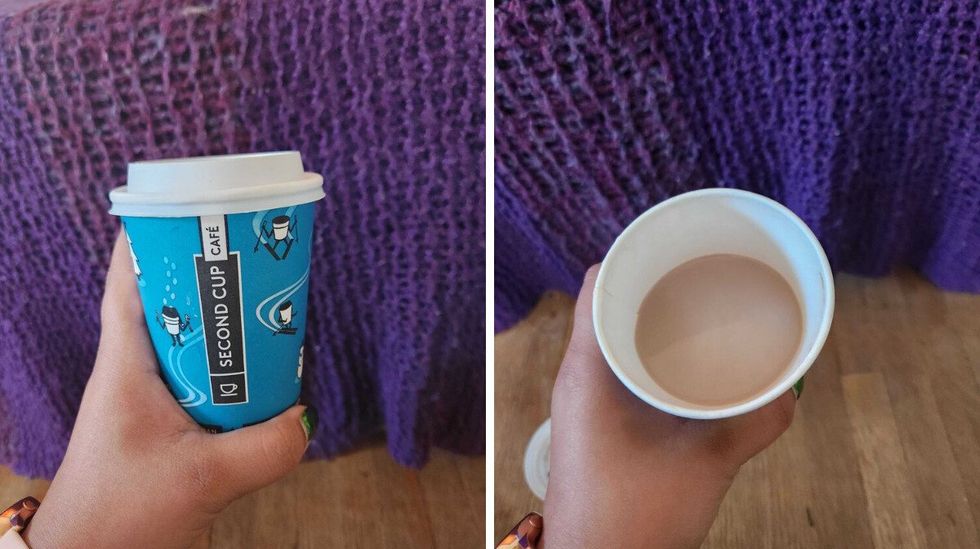 A hand holding a blue Second Cup cup with a white lid. Right: A hand holding an opened cup of hot chocolate that's a light brown colour.