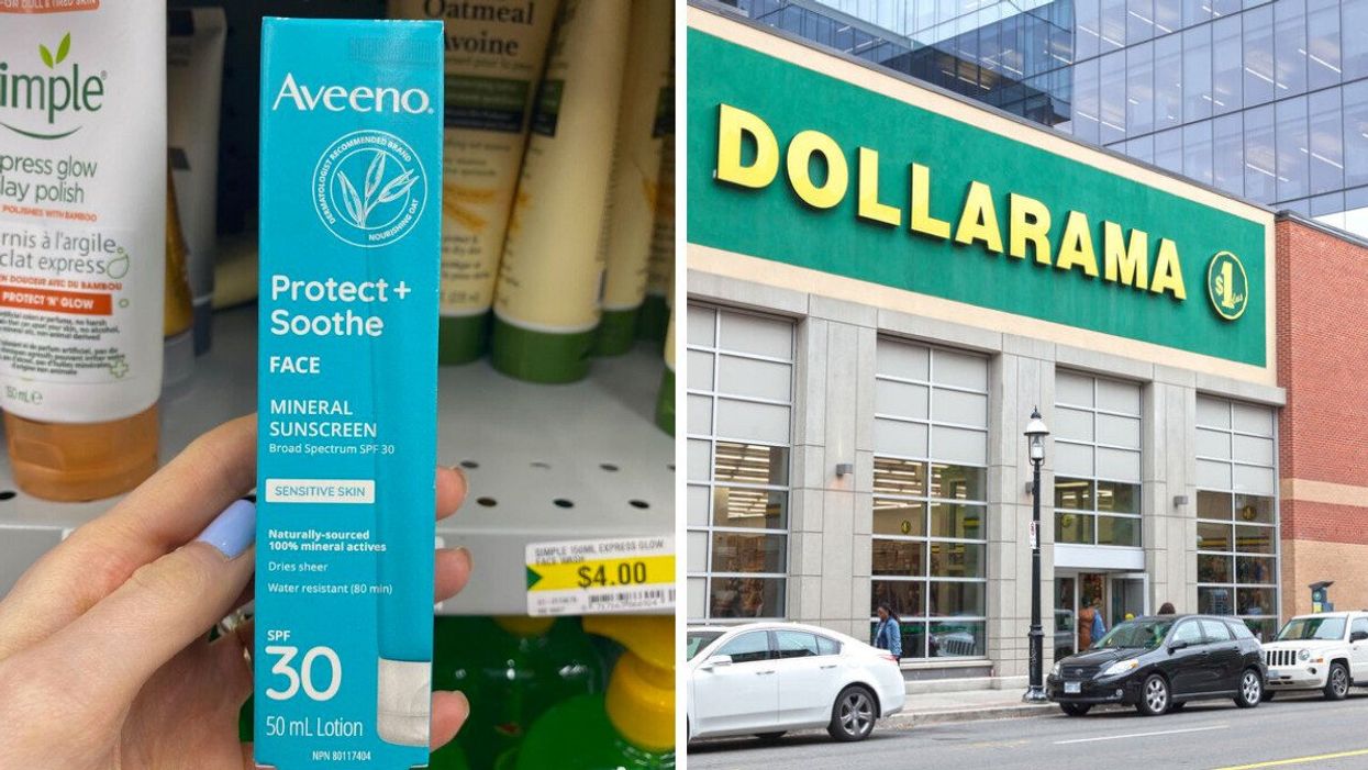 A hand holding a blue tube of sunscreen at a store. Right: A Dollarama location.
