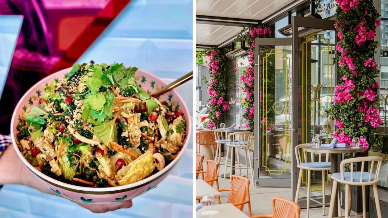 A hand holding a bowl of salad. Right: A patio filled with pink flowers and tables.