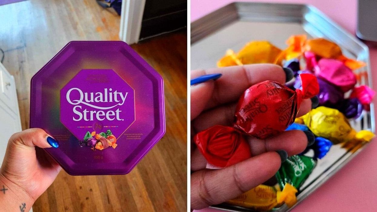 A hand holding a box of Quality Street chocolates. Right: A hand holding a chocolate.