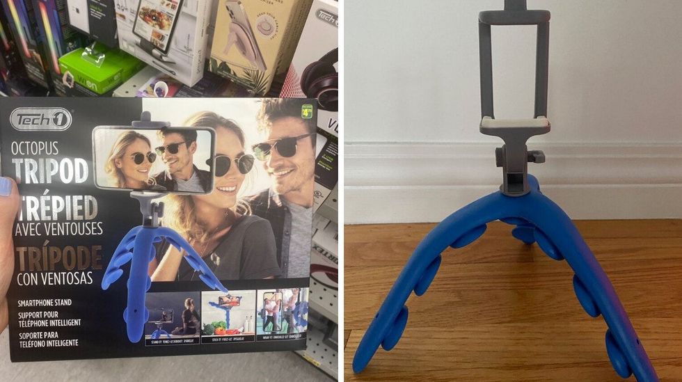 A hand holding a box with a tripod inside at a store. Right: A tripod for a cellphone.