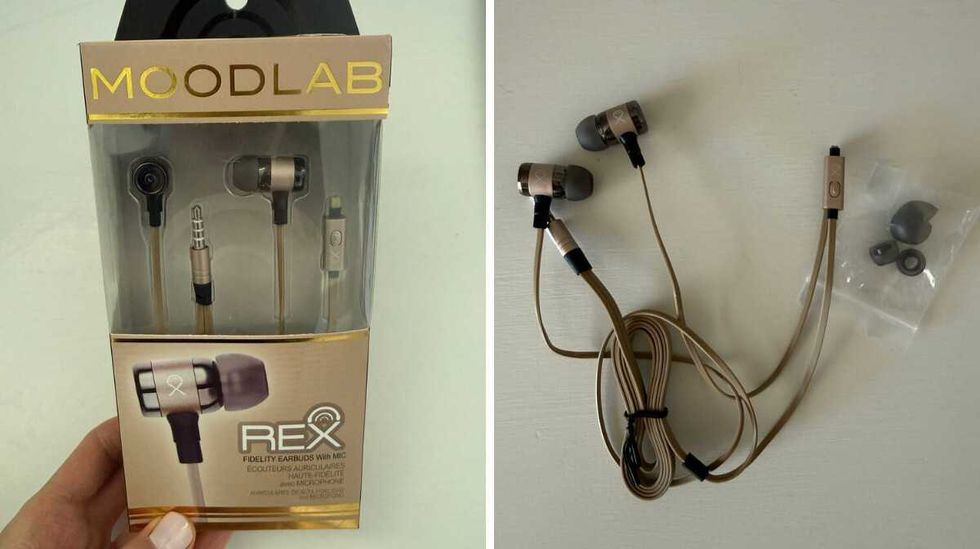 A hand holding a box with earbuds inside. Right: A pair of black and gold wired earbuds with a clear bag next to it with black silicone earbud covers.