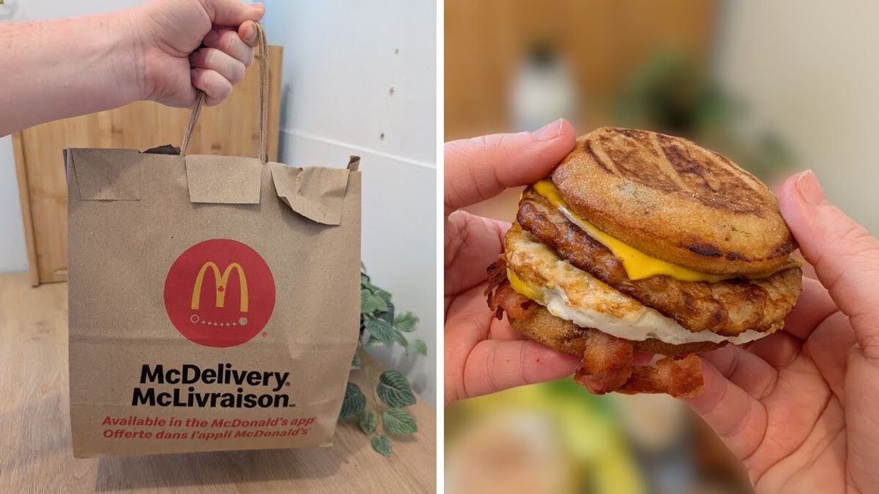 A hand holding a brown McDelivery paper bag. Right: A Mighty McGriddle sandwich from McDonalds.