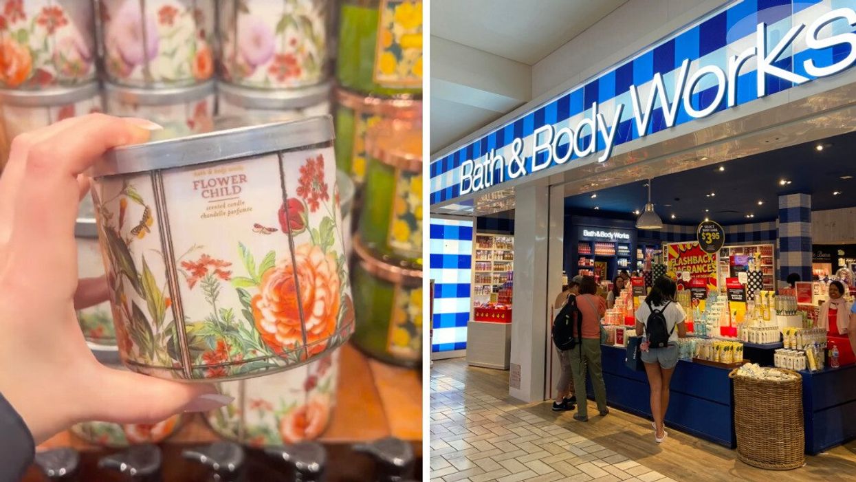 A hand holding a candle that says "Flower Child." Right: People browsing inside a Bath & Body Works store.