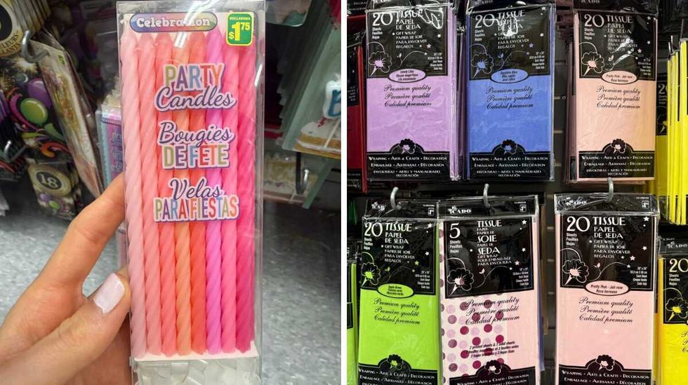 A hand holding a case of pink candles. Right: Bags of multi-coloured tissue paper hanging on a store shelf.