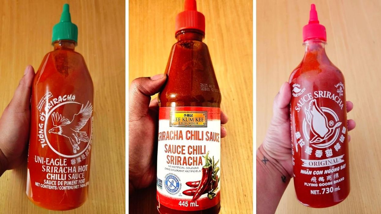 A hand holding a clear bottle of hot sauce with a green cap. A hand holding a clear bottle of hot sauce with white label and a red cap. Right: A hand holding a clear bottle of hot sauce with a red cap.