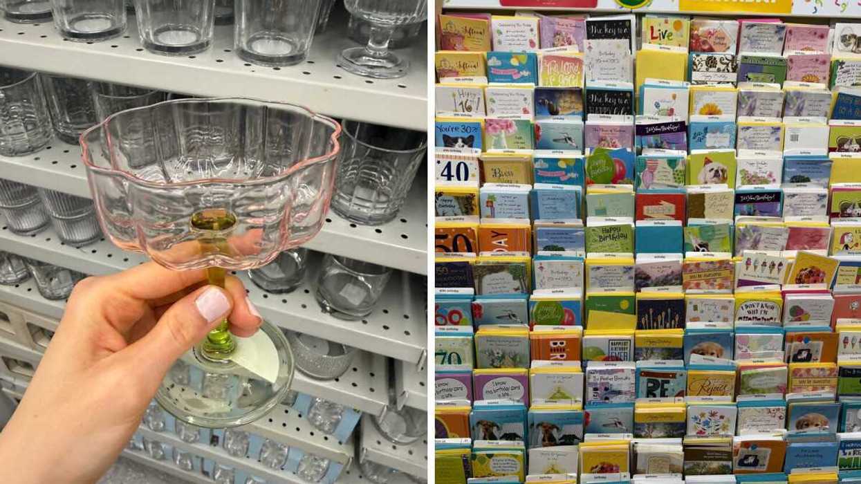 A hand holding a cocktail glass thats pink on top and green on the bottom. Right: A wall filled with greeting cards.