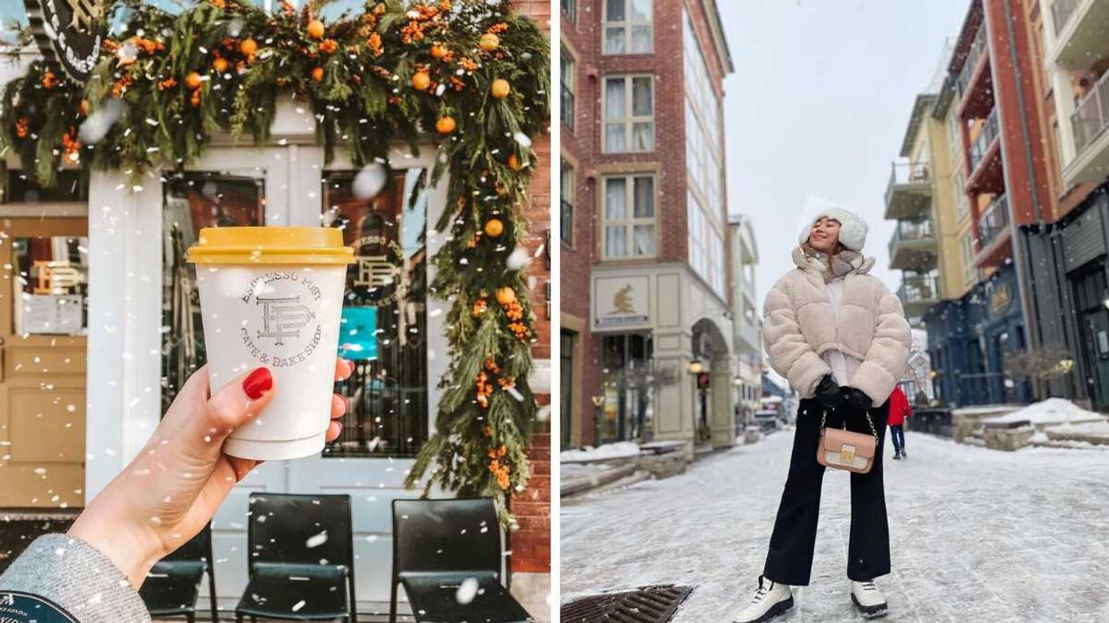 A hand holding a coffee. Right: A person standing on a snowy street.