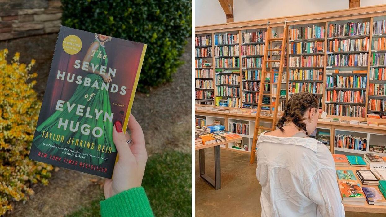 A hand holding a copy of the book "The Seven Husbands of Evelyn Hugo". Right: a woman standing in a Vancouver bookstore.
