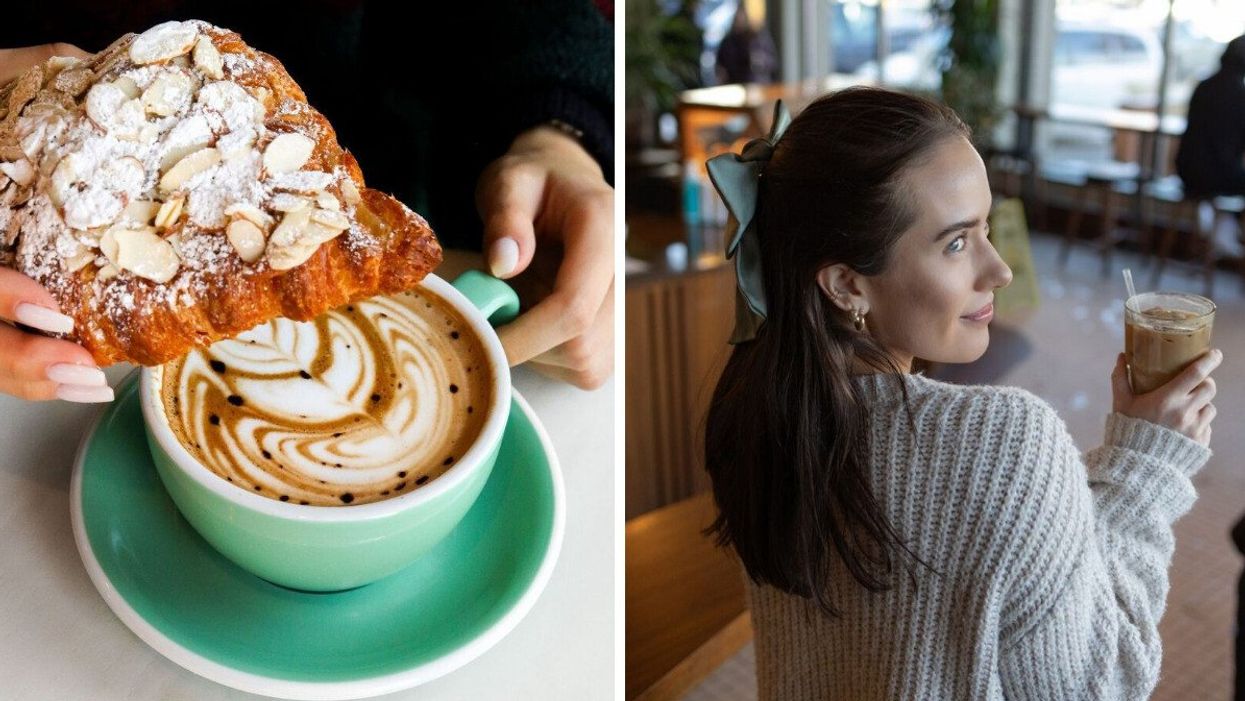 A hand holding a croissant with sliced almonds and icing sugar and a latte in a turquoise mug. Right: A girl in a beige sweater holding an ice coffee in her hand.