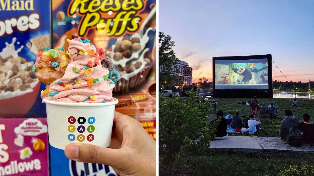 A hand holding a cup of ice cream. Right: An outdoor movie.