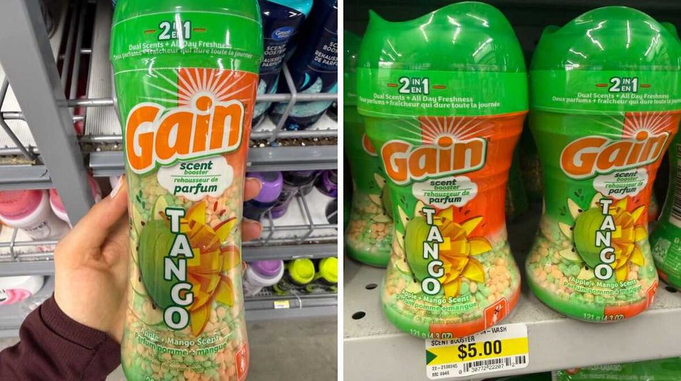A hand holding a green and orange bottle that says Gain scent booster. Right: Green and orange bottles that say Gain scent booster on the front.