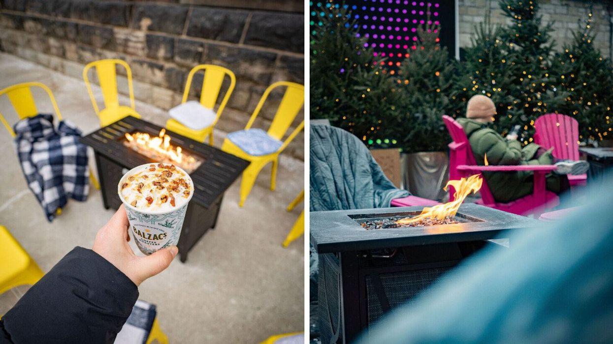 A hand holding a hot chocolate. Right: A patio with fire tables.