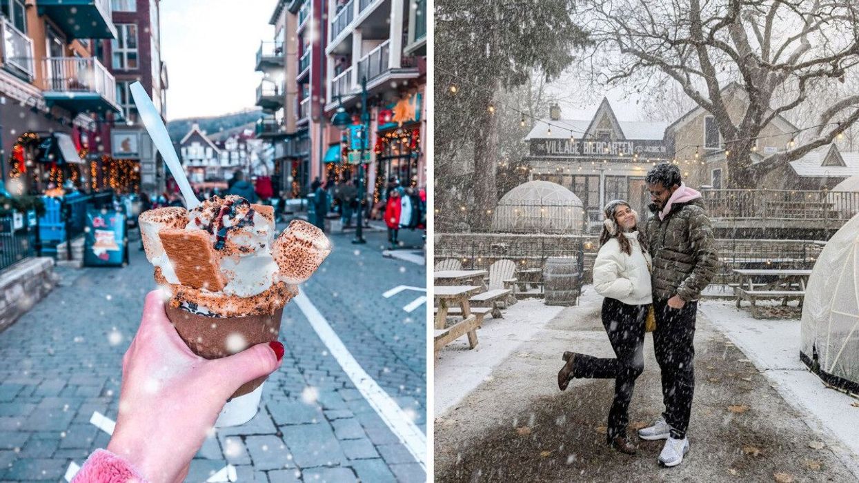 A hand holding a hot chocolate. Right: Two people standing in the snow.