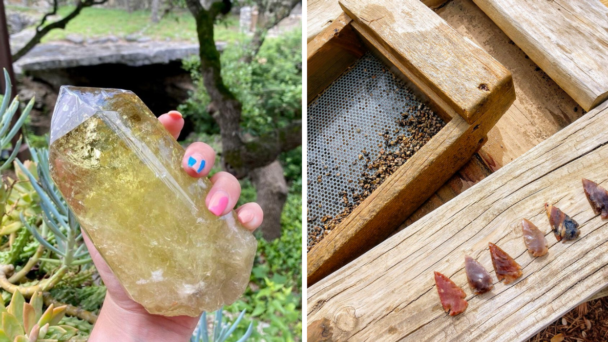 A hand holding a lemon quartz. Right: Findings next to the sluice at Natural Bridge Caverns.
