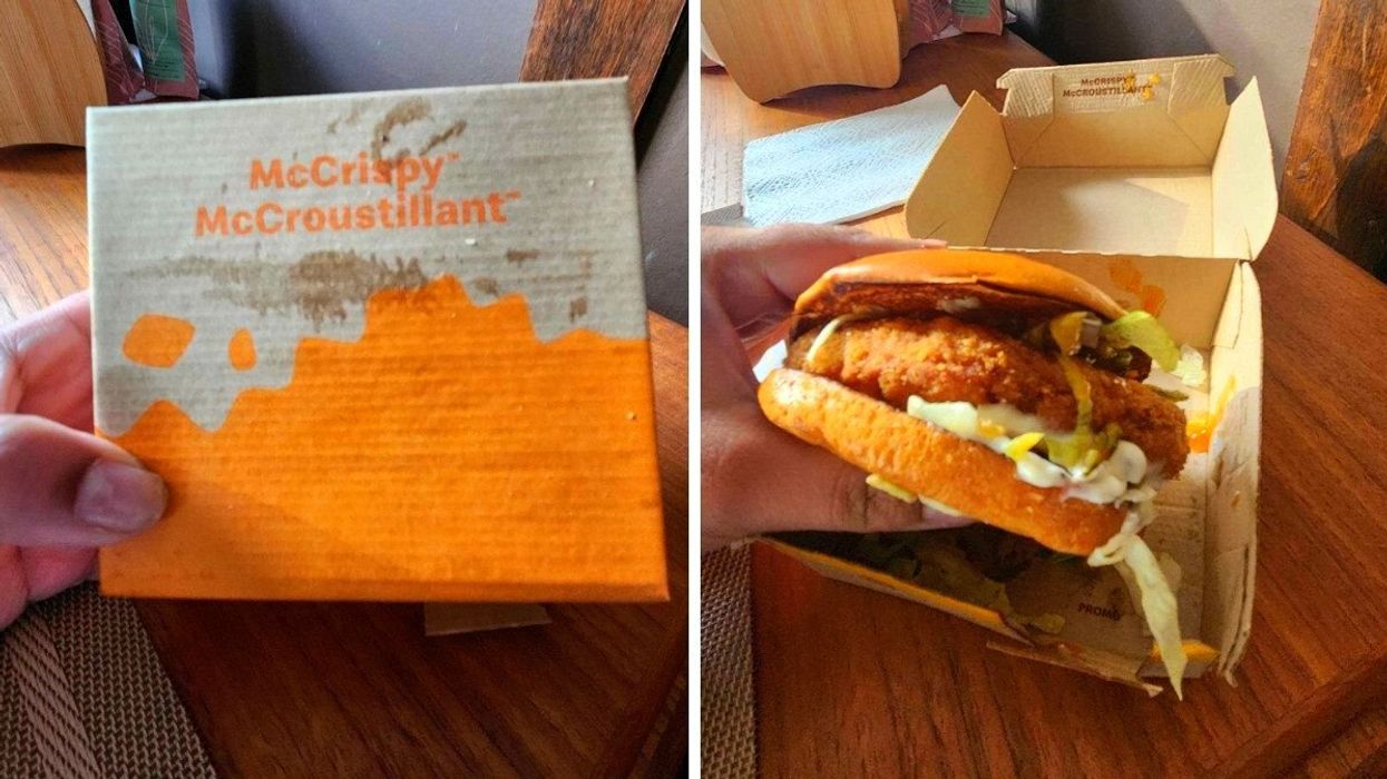 A hand holding a McDonald's McCrispy box on a table. Right: An open McDonald's McCrispy box on a table with a hand holding a Hot Honey McCrispy.