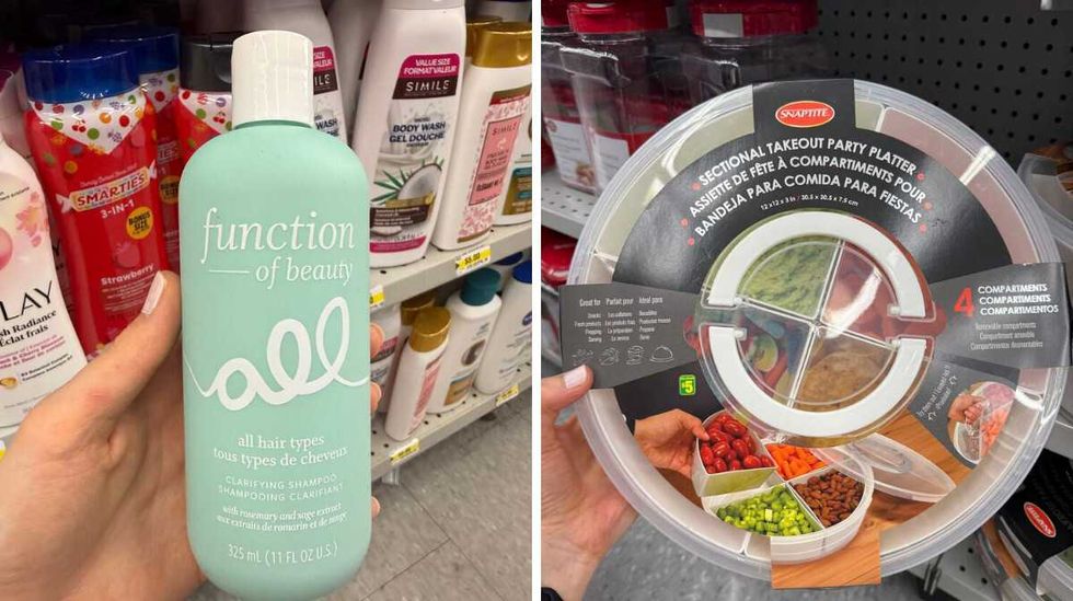 A hand holding a mint green bottle with white writing that says function of beauty clarifying shampoo. Right: A hand holding a white tray with a label that says sectional takeout party platter.