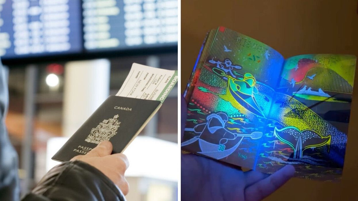 A hand holding a passport. Right: The inside of a Canadian passport.