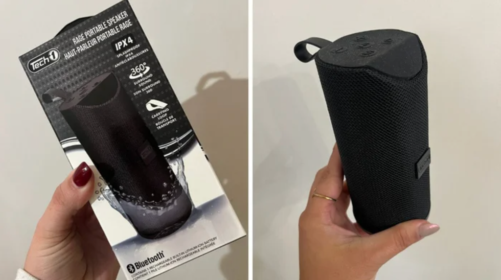 A hand holding a portable speaker box. Right: A portable speaker.