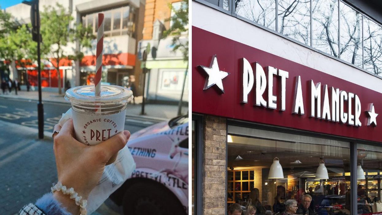A hand holding a Pret drink. Right: Pret A Manger sign.