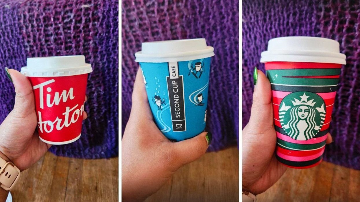 A hand holding a red Tim Hortons cup with a white lid. Middle: A hand holding a blue Second Cup cup with a white lid. Right: A hand holding a Starbucks cup with red, green and pink stripes and a white lid.