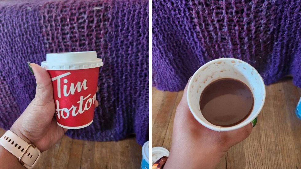 A hand holding a red Tim Hortons cup with a white lid. Right: A hand holding an open hot chocolate that's dark brown in colour.