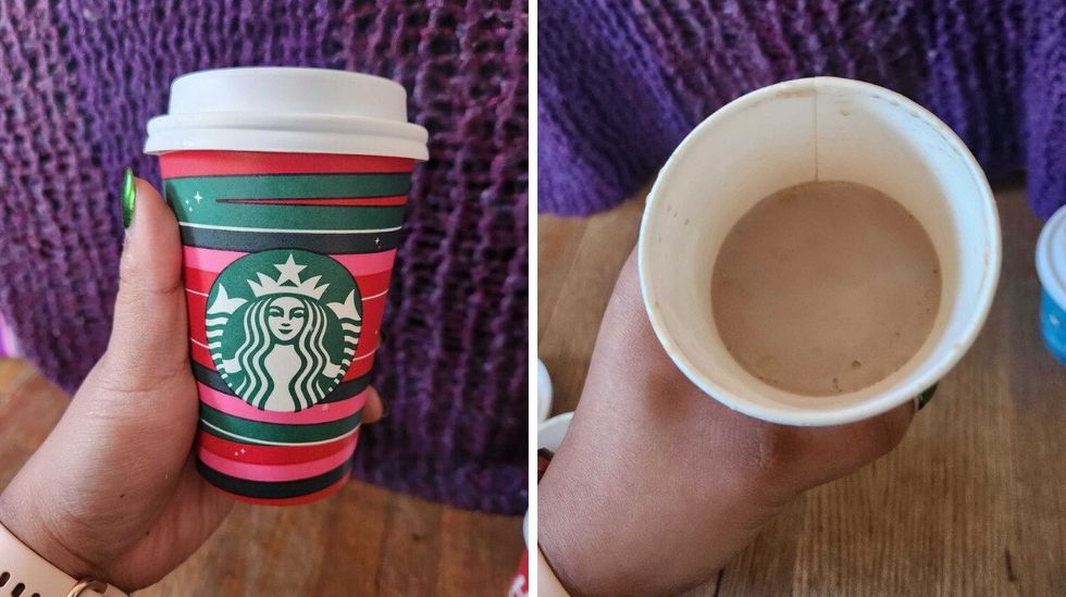 A hand holding a Starbucks cup with red, green and pink stripes and a white lid. Right: A hand holding an open hot chocolate that's light brown in colour.