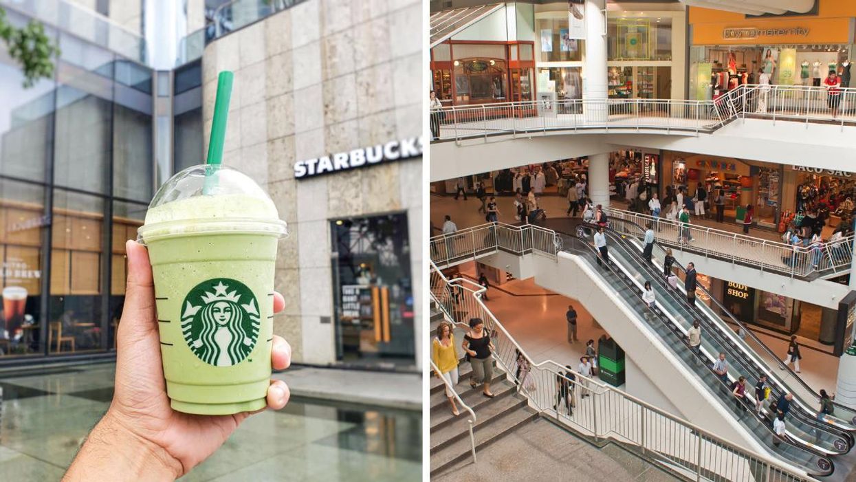 A hand holding a Starbucks drink. Right: A busy shopping mall in Toronto.