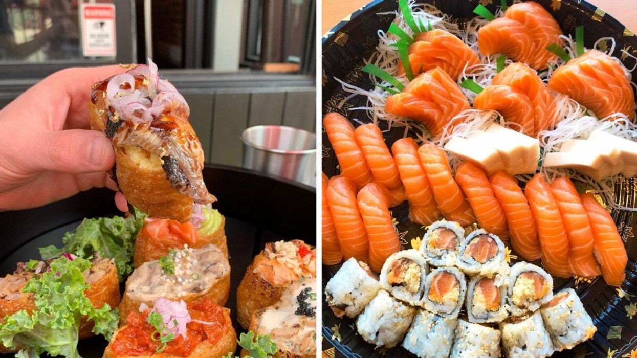 A hand holding a sushi roll from Koi Japan Sushi, Toronto. Right: Salmon sushi from Echo Sushi, Toronto.