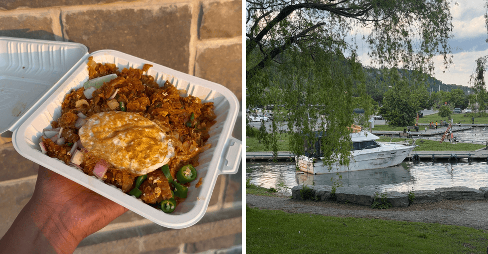 A hand holding a takeout dish filled with eggs, rice and veggies. Right: A boat resting in a harbour surrounded by greenery.